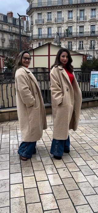 Manteau Long Boutonné en Feutre Beige