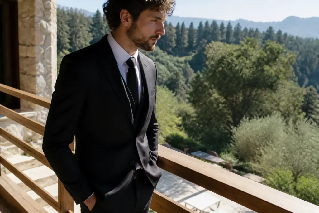 Homme en costard noir élégant sur un balcon, contemplant la forêt environnante