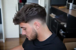 Homme avec un dégradé progressif soigné et cheveux bruns ondulés en salon de coiffure