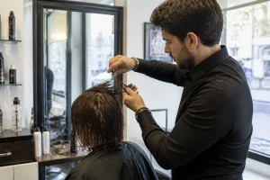 Coiffeur en train de désépaissir cheveux d'un client dans un salon moderne.