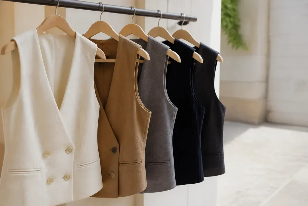Cinq gilets costard pour femme sur cintres, différentes couleurs, suspendus en extérieur