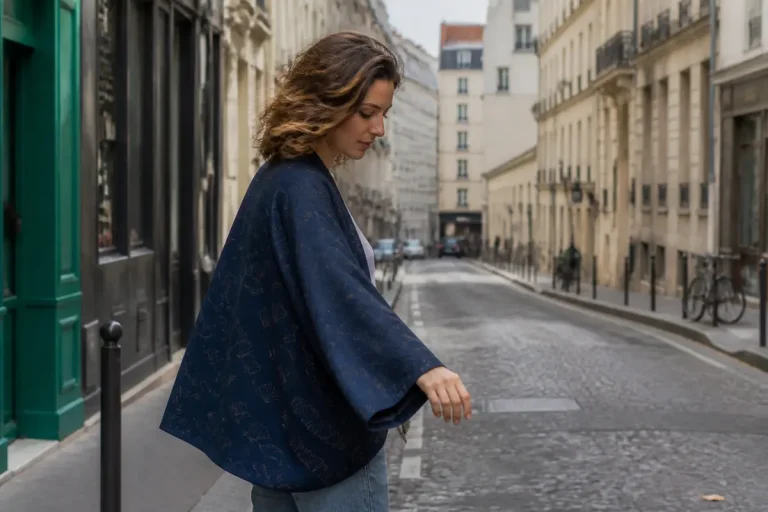 Femme portant une veste kimono dans une rue parisienne élégante et décontractée