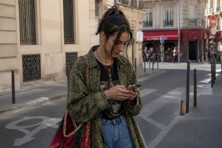 Femme avec chemise à carreaux pour un look années 90 lors d'une soirée détendue