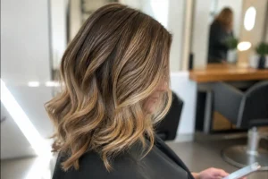 Cheveux bruns avec mèches blondes ondulés dans un salon de coiffure moderne