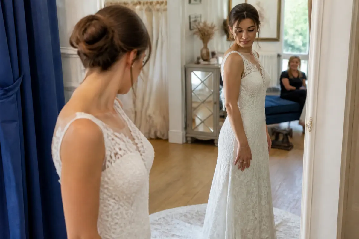Femme essayant une robe de mariée élégante, réalisant son rêve de robe de mariage