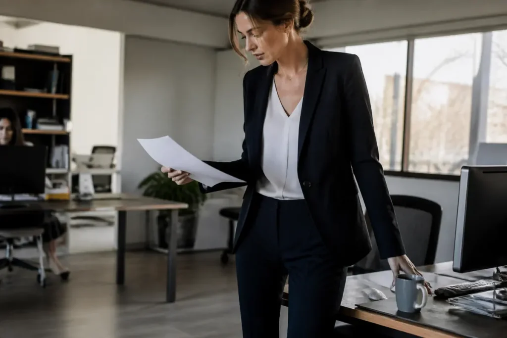 Femme d'affaires en tailleur pantalon noire lit un document dans un bureau lumineux