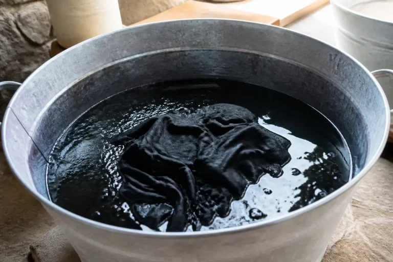 Vêtement immergé dans une bassine pour teindre en noir un vêtement manuellement