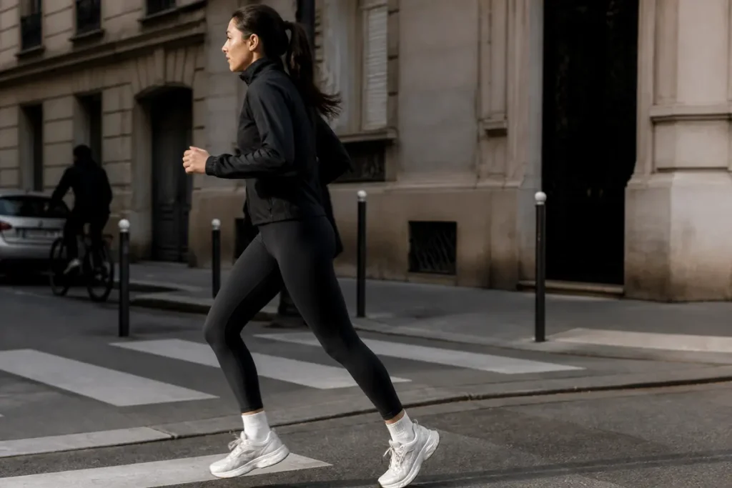 Femme courant en leggings noirs, démontrant une tendance mode urbaine et sportive actuelle