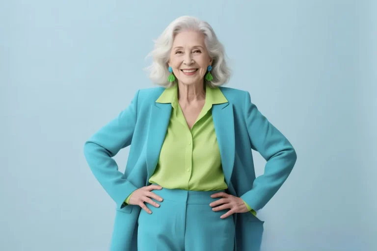 Femme aux cheveux blancs en tailleur turquoise, mains sur les hanches