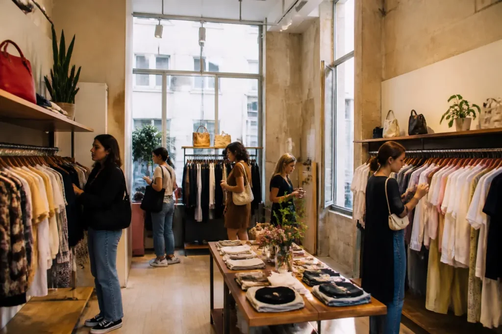 Personnes faisant du shopping dans une boutique de vêtements tendance à Lyon styleettendances.fr